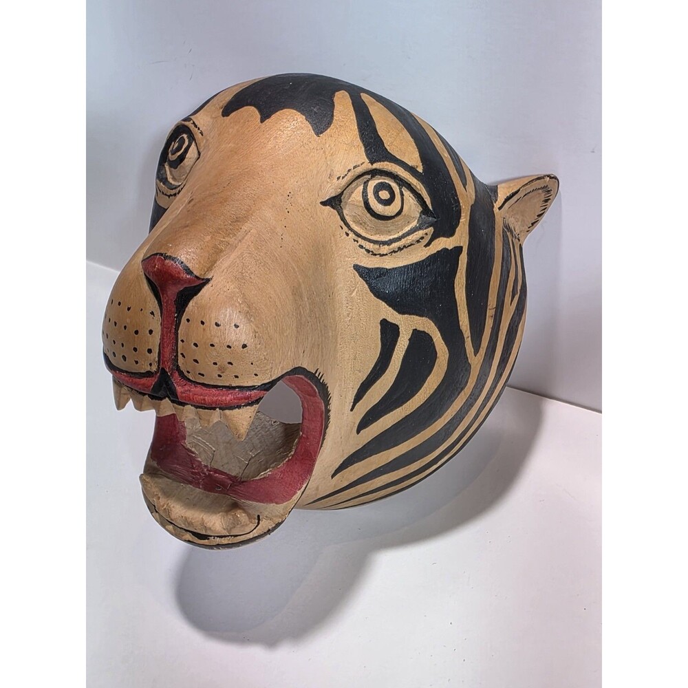 Mexican Folk Art Carved Wood Jaguar Leopard Tiger Cat Head Lion Face Mask